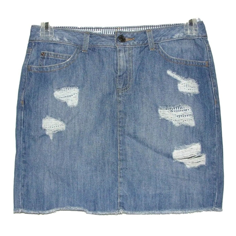 Tommy Hilfiger Womens Distressed Denim‎ Mini Skirt Medium Wash Raw Hem Size 4